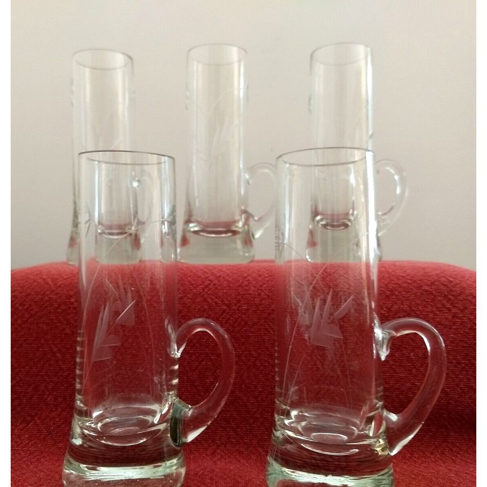 ETCHED Clear Crystal Cordial Aperitif Shot Glass w/ Handles 4"H Vintage Set of 5